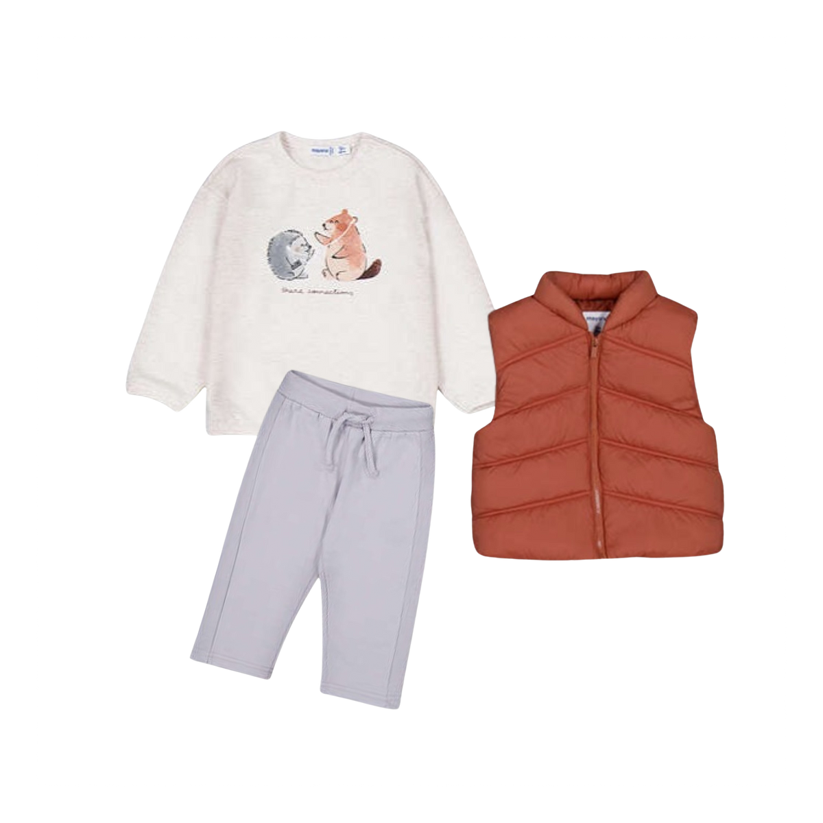 A children's three-piece outfit set featuring a cream long-sleeve shirt with a hedgehog and fox graphic, light gray drawstring sweatpants, and a rust-orange quilted zip-up puffer vest, displayed on a solid white background.
