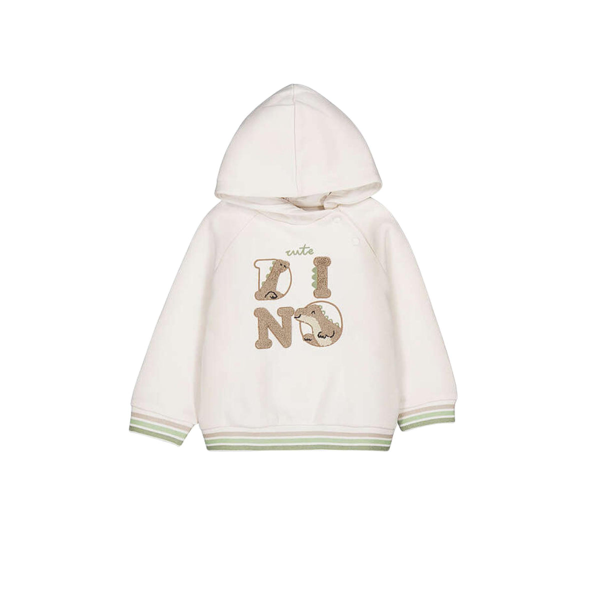 A cream-colored children's hooded sweatshirt featuring a 'cute DINO' graphic on the front with dinosaur-themed letters, finished with light green striped ribbed cuffs and hem.