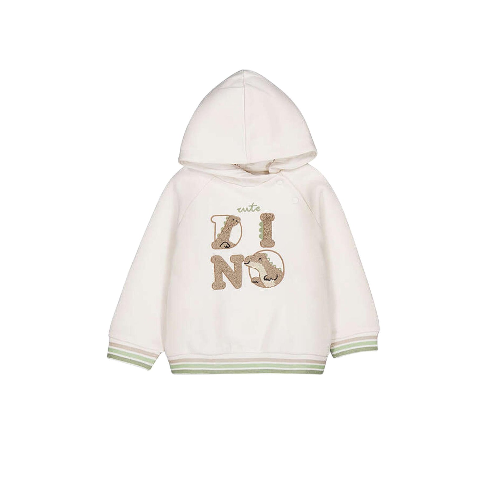 A cream-colored children's hooded sweatshirt featuring a 'cute DINO' graphic on the front with dinosaur-themed letters, finished with light green striped ribbed cuffs and hem.