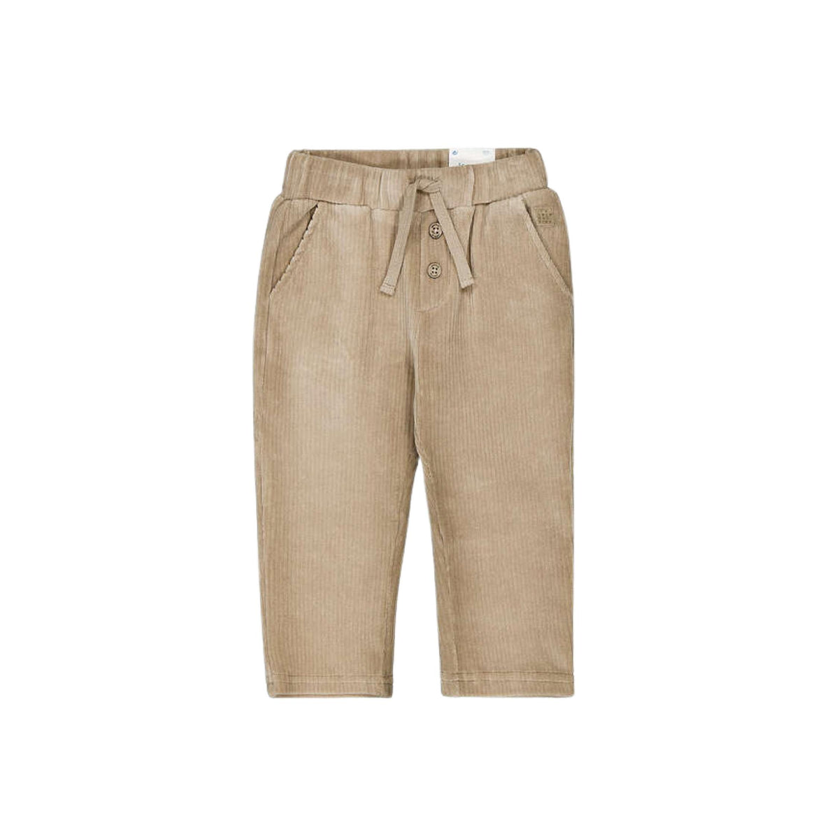 A pair of beige corduroy pants for toddlers, featuring an elastic waistband with a drawstring and button closure, side pockets, and a straight leg, shown against a plain white background.