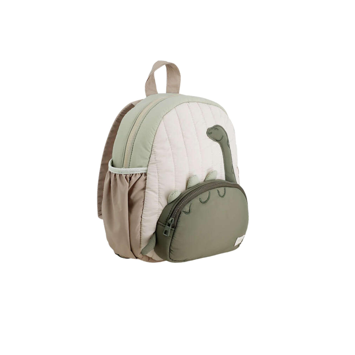 A small quilted backpack in sage green, beige, and off-white, featuring a dinosaur design with a raised green head and small green foot details on the front pocket.