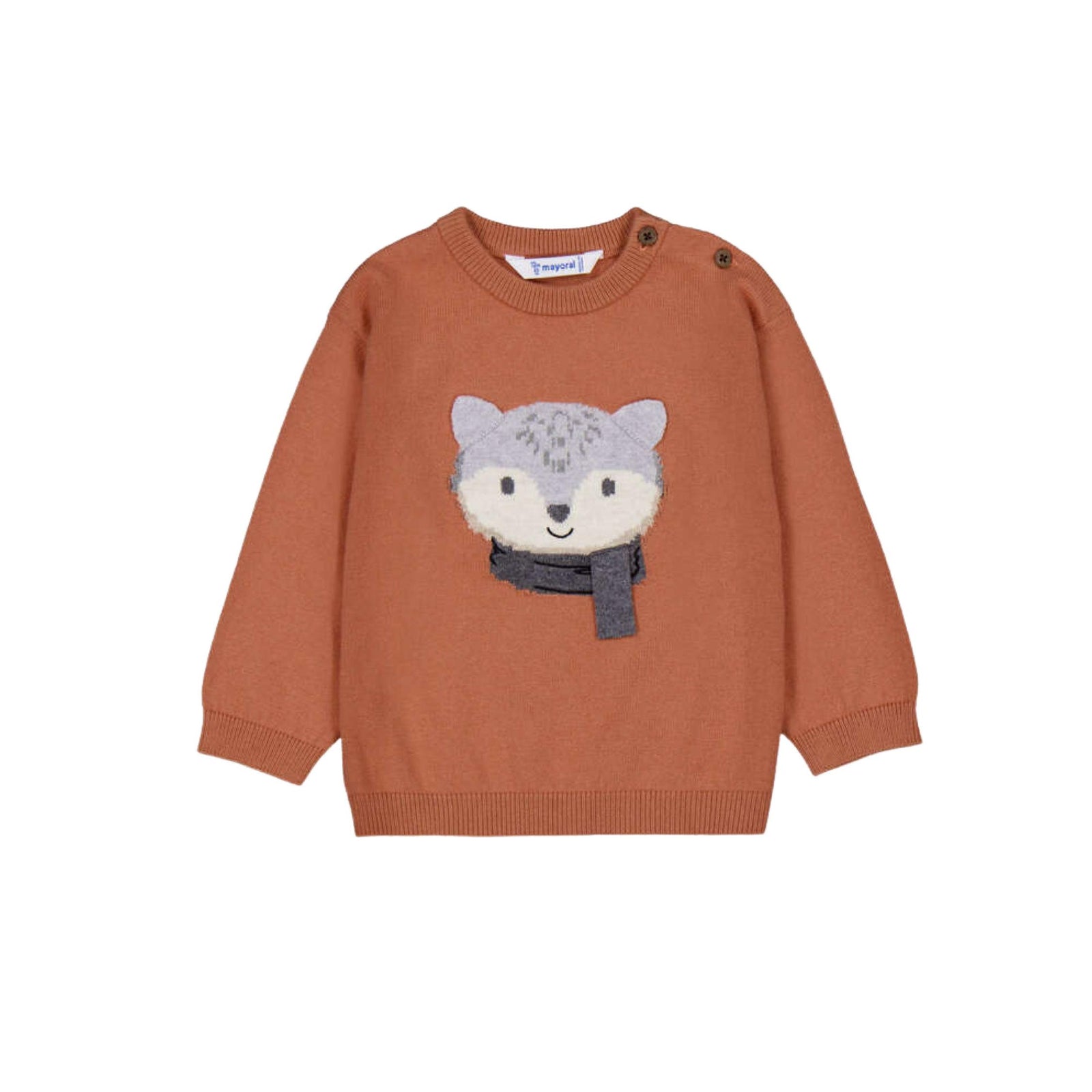 A toddler's long-sleeve knit sweater in a warm rust-orange color, featuring a knitted fox face with a gray scarf on the chest. The sweater has a crew neck, ribbed cuffs and hem, and two small snap buttons on the shoulders, shown against a plain white background.