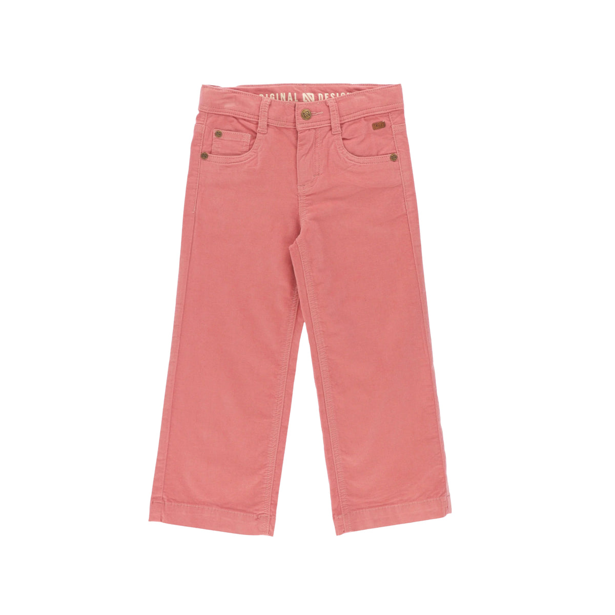 A pair of children's pink corduroy pants with brown button details, displayed flat against a solid white background.