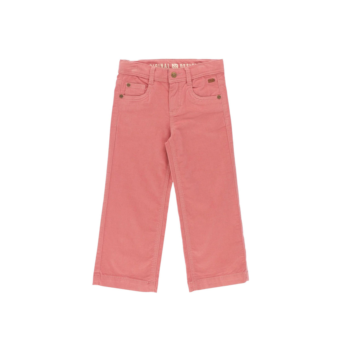 A pair of children's pink corduroy pants with brown button details, displayed flat against a solid white background.