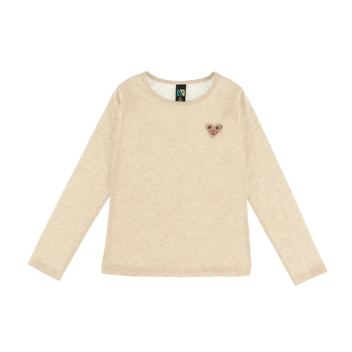 A light ivory long-sleeve crewneck top with a small heart-shaped embroidered patch on the left chest, displayed flat against a white background.