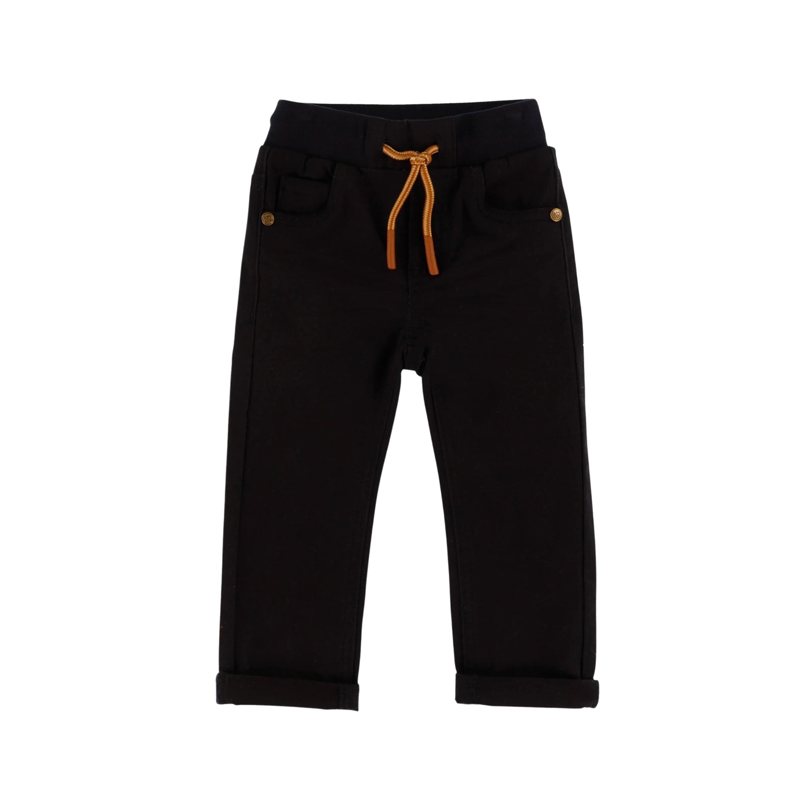 Black cropped pants with rolled cuffs, a drawstring waist, and front pockets, shown flat against a white background.