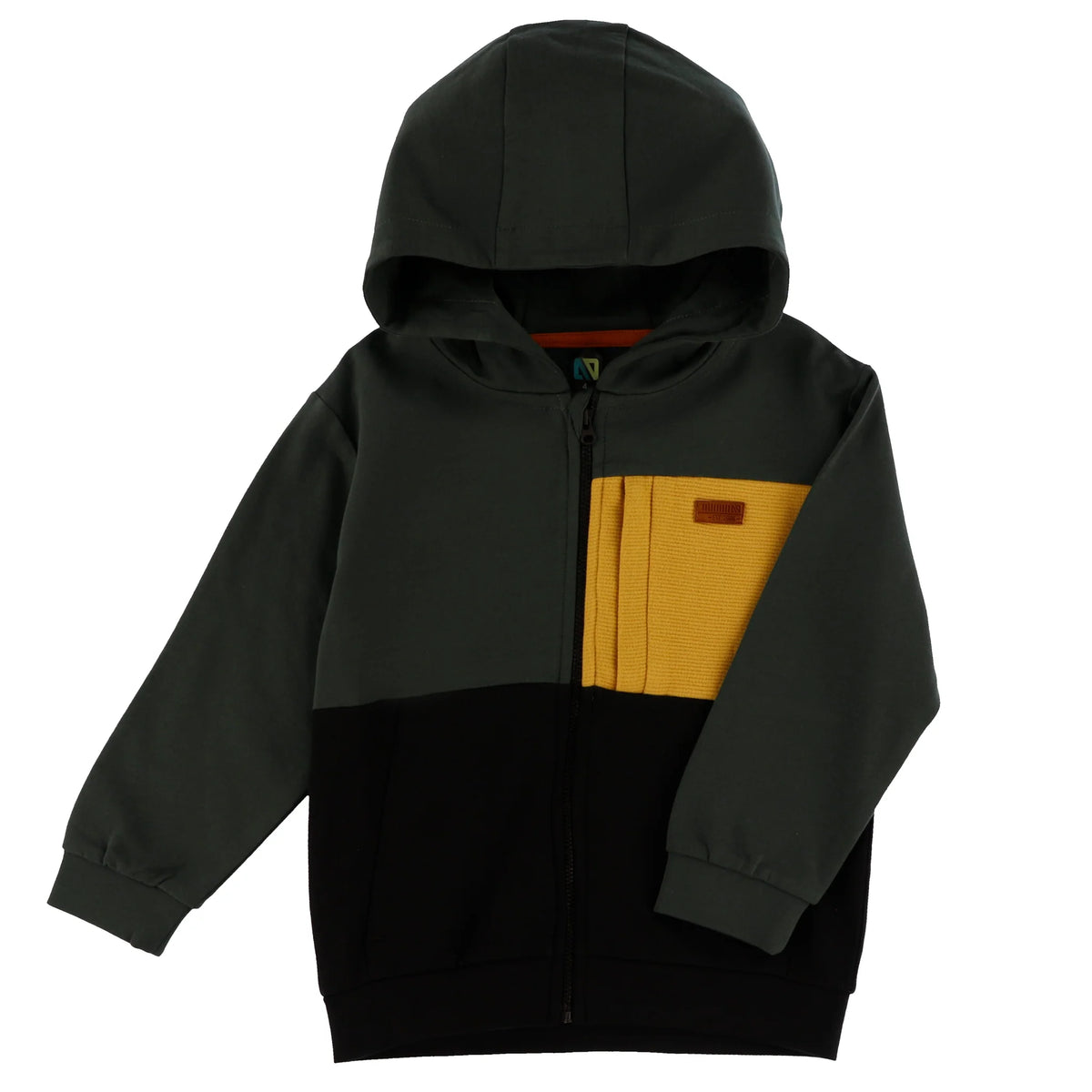 Black , forest green, and mustard yellow hoodie partial, front zip.