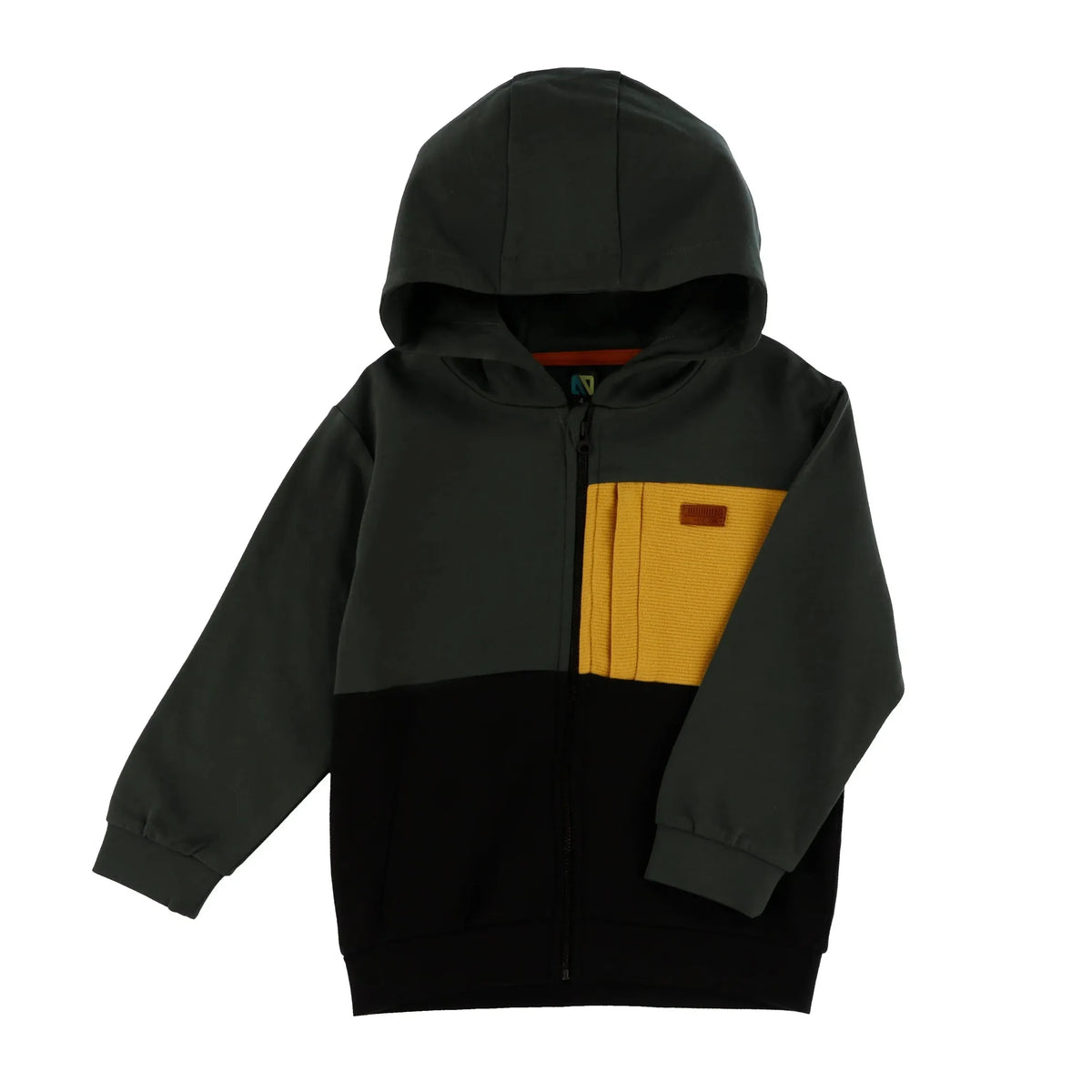 Black , forest green, and mustard yellow hoodie partial, front zip.
