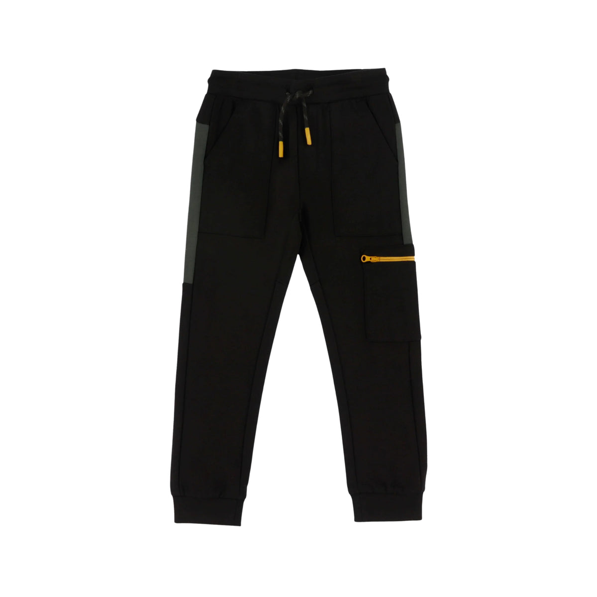 Black jogger pants with a gray side stripe, yellow drawstring tips, and a yellow zippered pocket on the left thigh, shown against a plain white background.