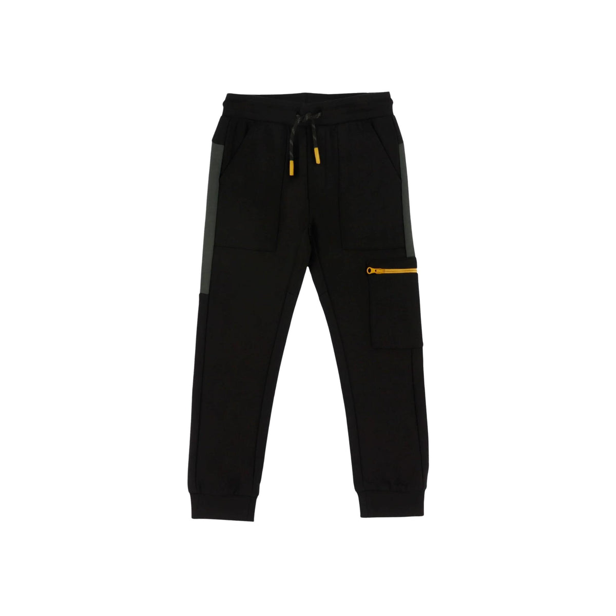 Black jogger pants with a gray side stripe, yellow drawstring tips, and a yellow zippered pocket on the left thigh, shown against a plain white background.