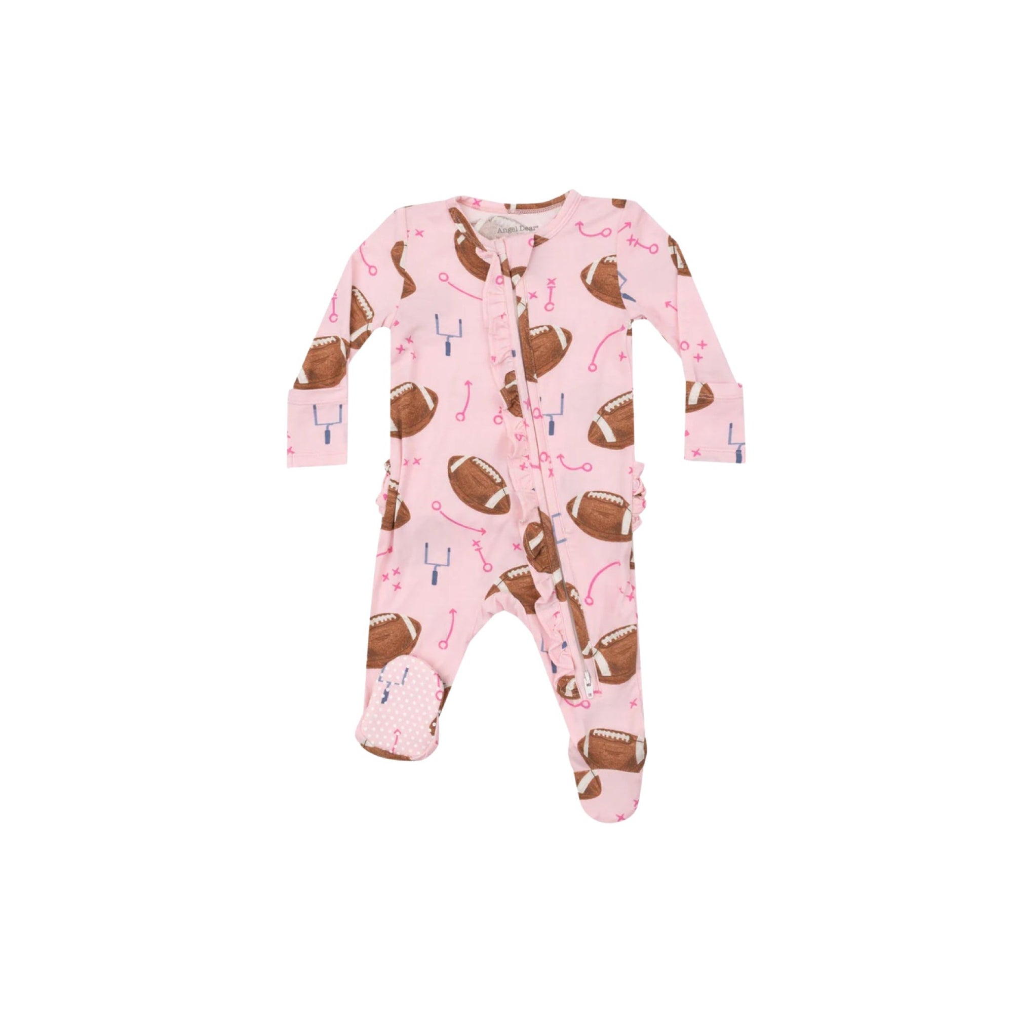 Pink Footballs Ruffle Zipper Footie