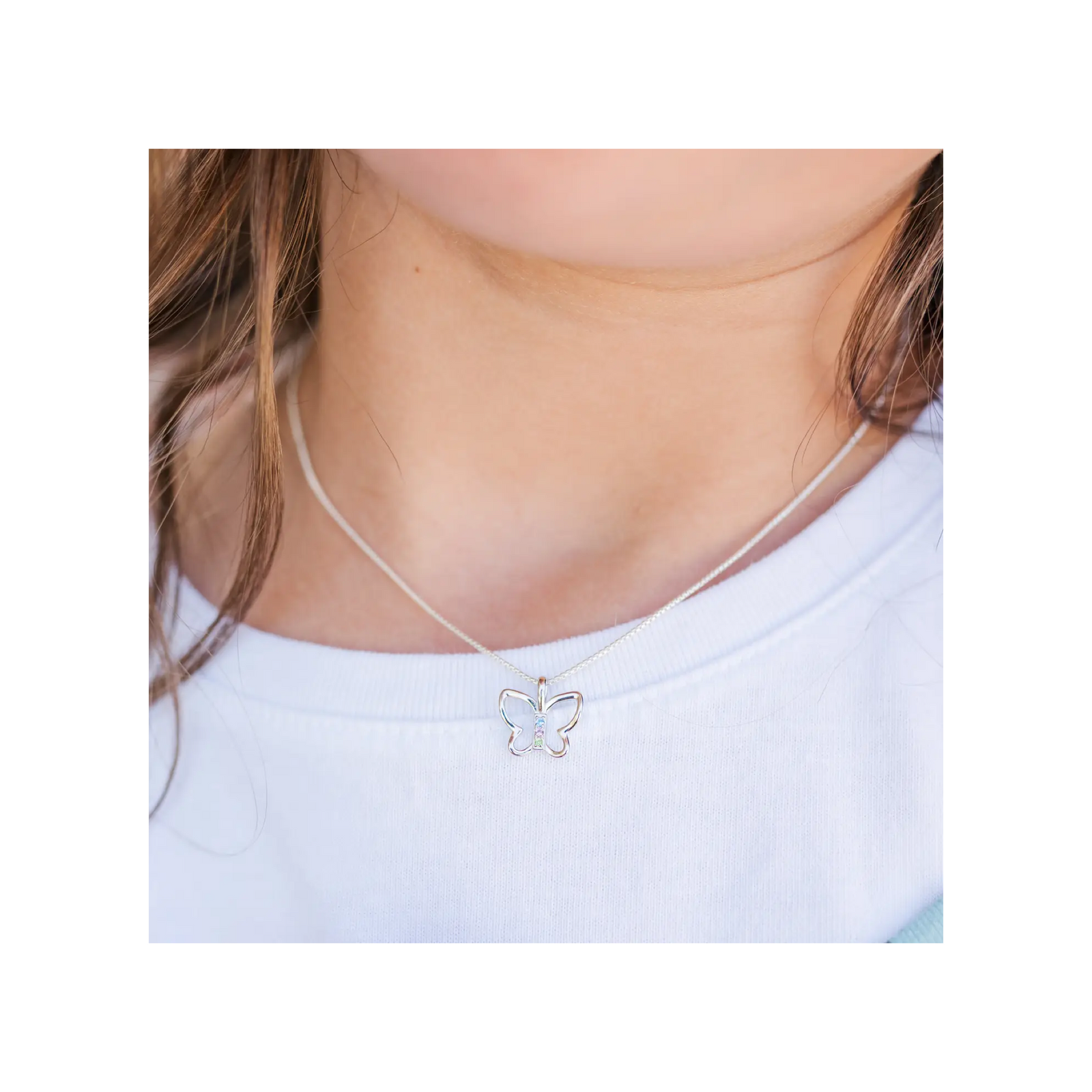 Sterling Silver Butterfly Necklace with Multi-Color CZ