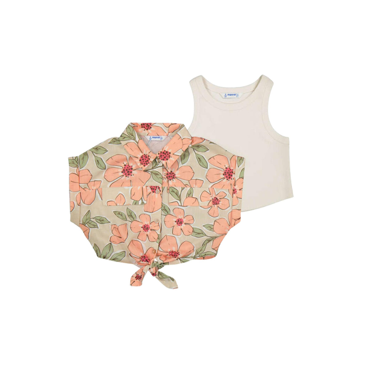 Girls’ 2-Piece Floral Print Front Tie Blouse with Tank Top