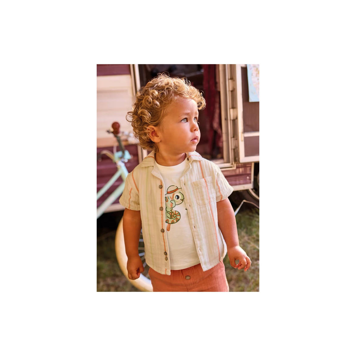 Baby Boy Mandarin &amp; Green Stripe Button Down Shirt