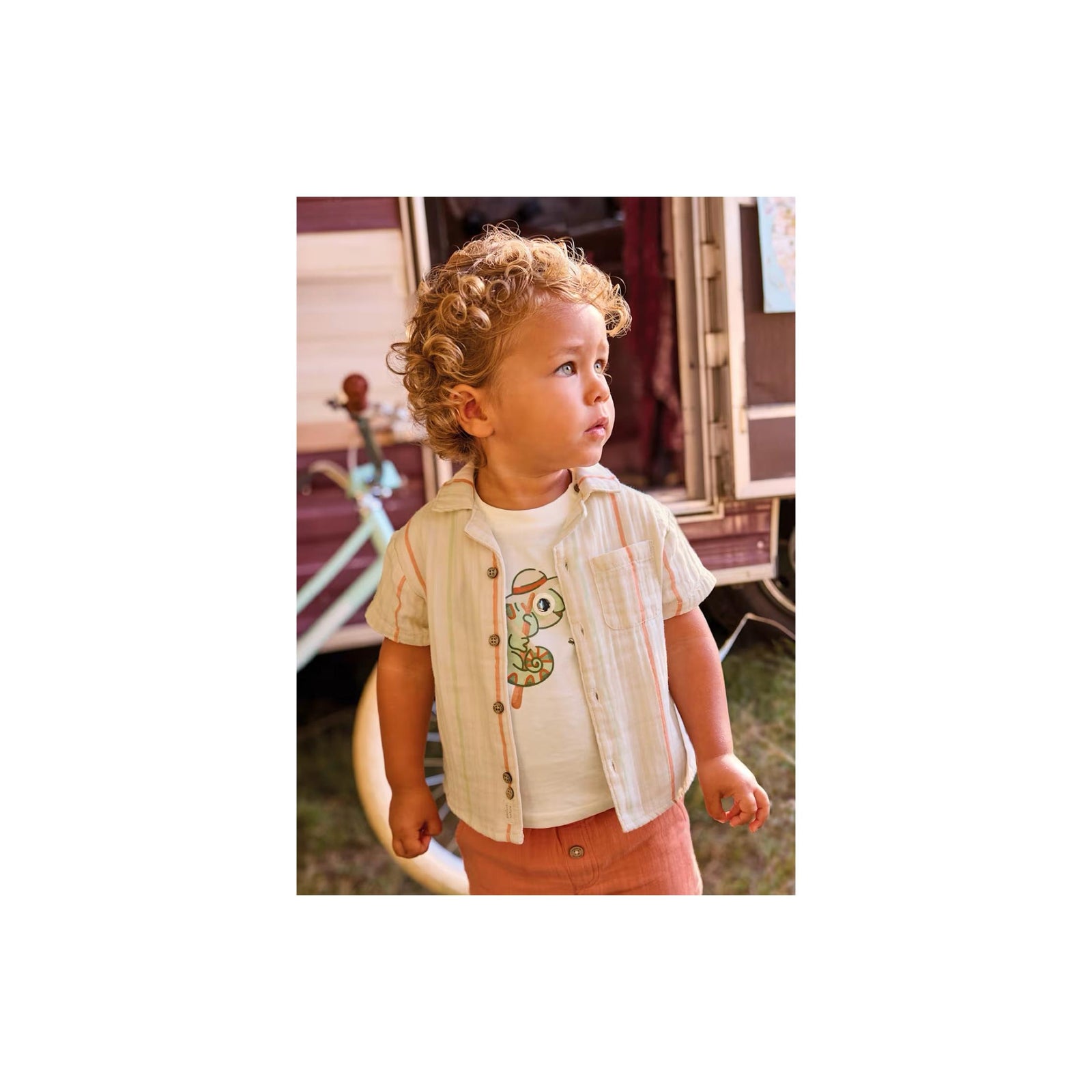 Baby Boy Mandarin & Green Stripe Button Down Shirt