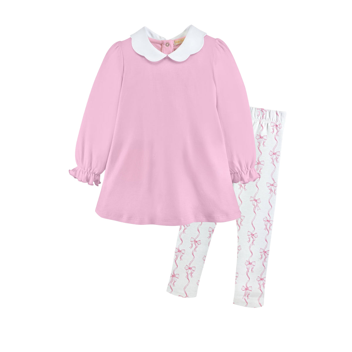 Pink Scalloped Collar Top &amp; Bows-on-Ribbon Print Legging Set