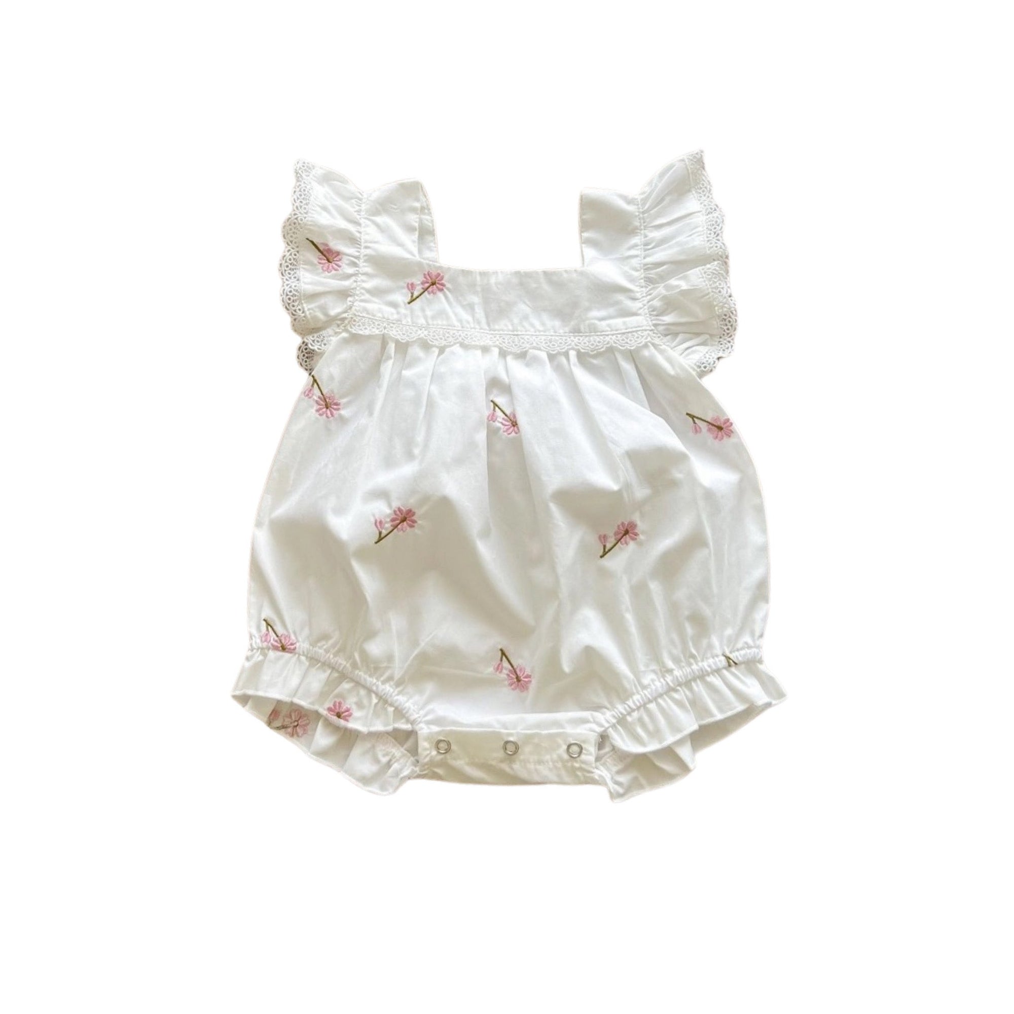 Embroidered Pink Flower Baby Bloomer Romper