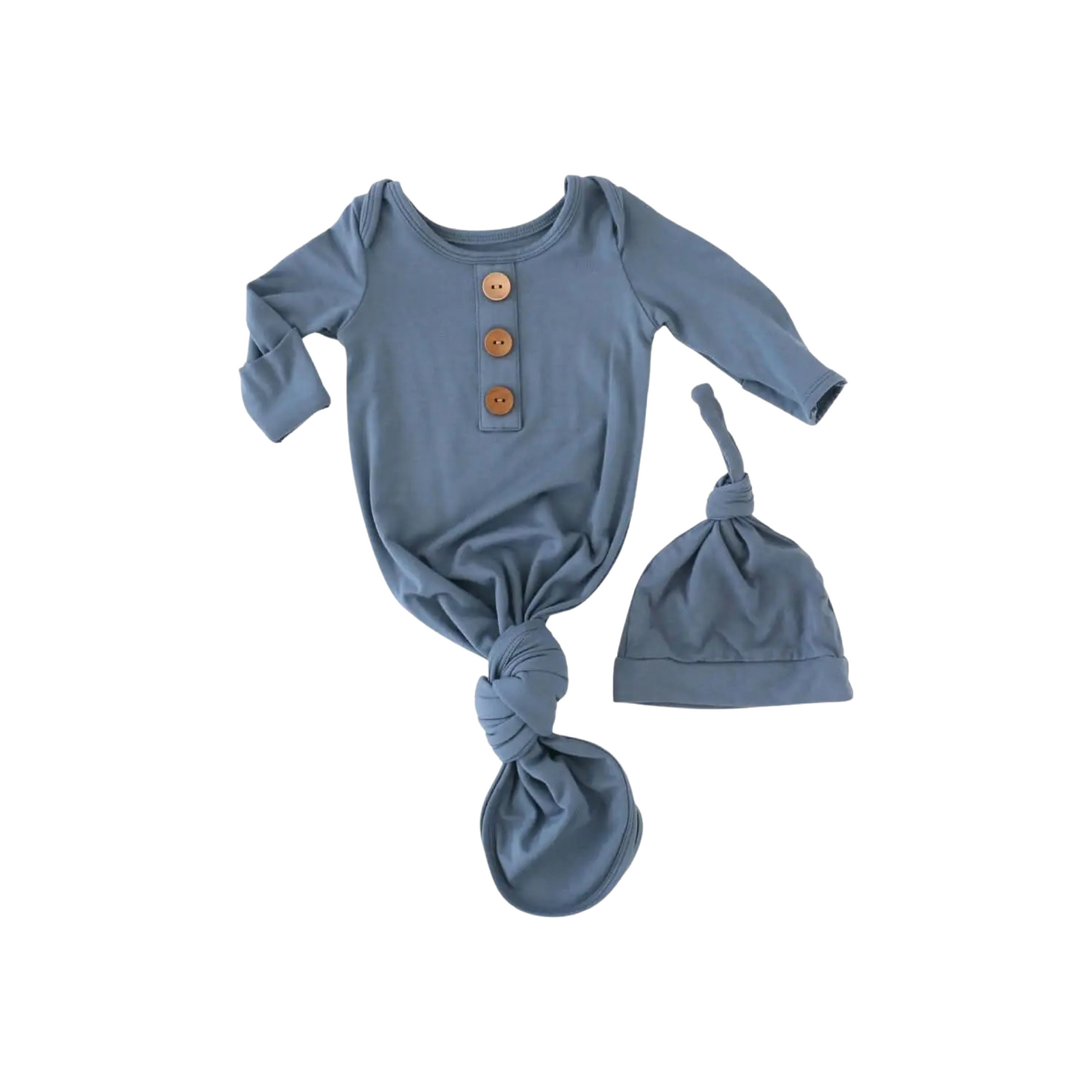Solid Dusty Blue Bamboo Knot Gown & Hat Set