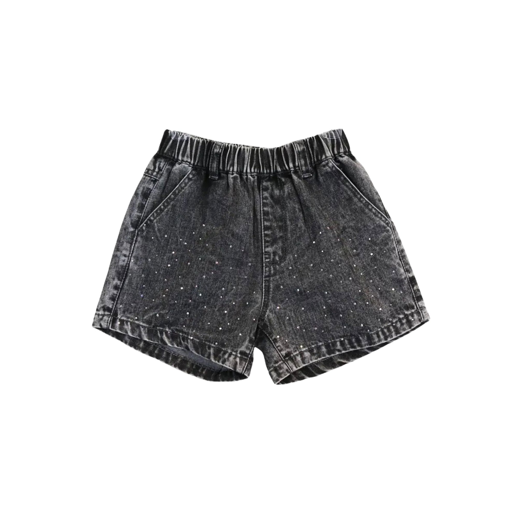 Distressed Black Rhinestone Girls’ Denim Short