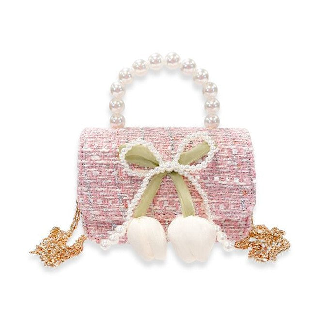 Pom Pom & Pearl Bow Pink Tweed Purse