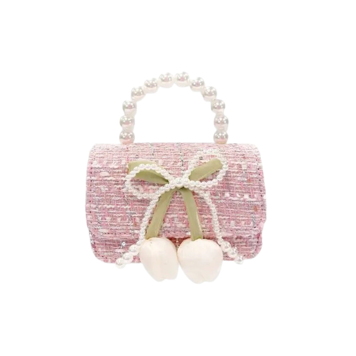 Pom Pom &amp; Pearl Bow Pink Tweed Purse