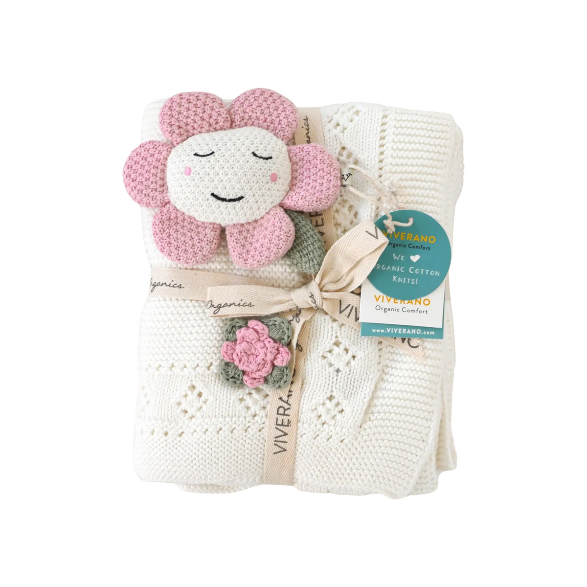 Flower Pointelle Baby Blanket And Rattle Gift Set
