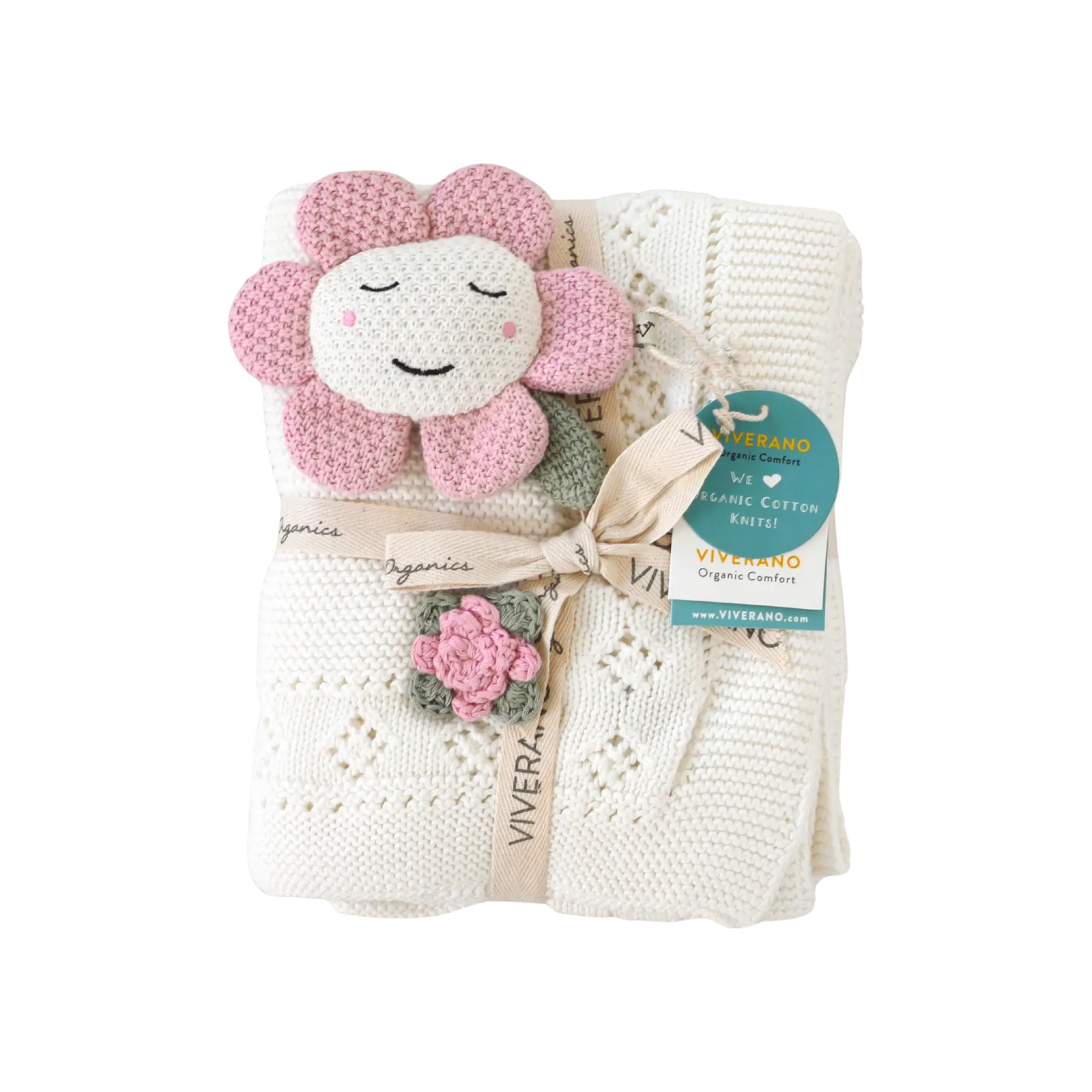 Flower Pointelle Baby Blanket And Rattle Gift Set