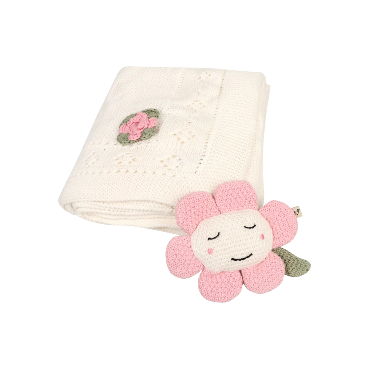 Flower Pointelle Baby Blanket And Rattle Gift Set