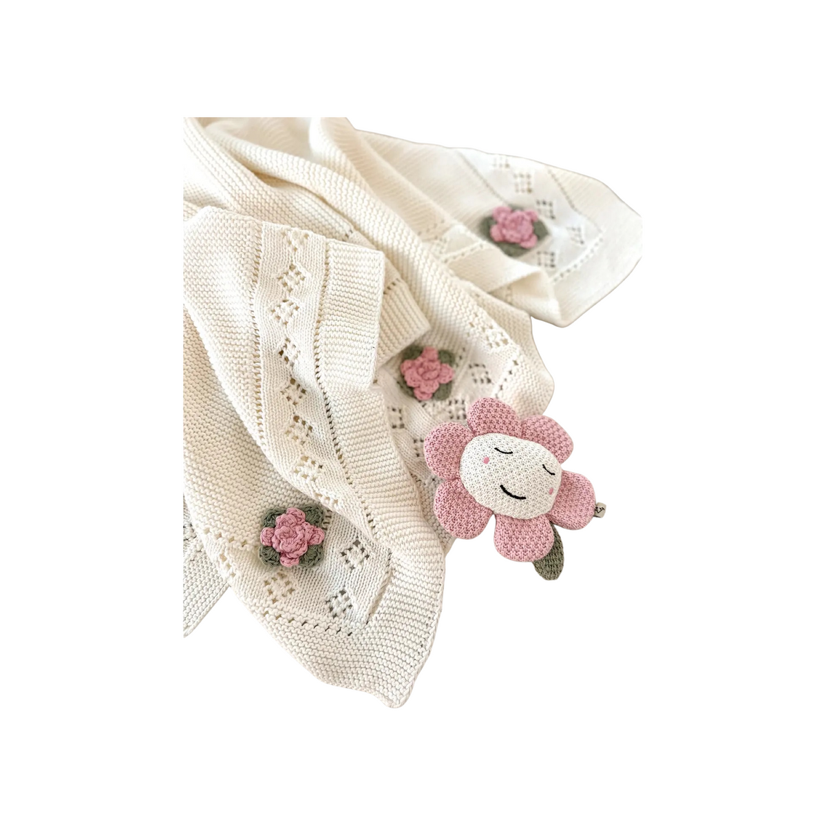 Flower Pointelle Baby Blanket And Rattle Gift Set