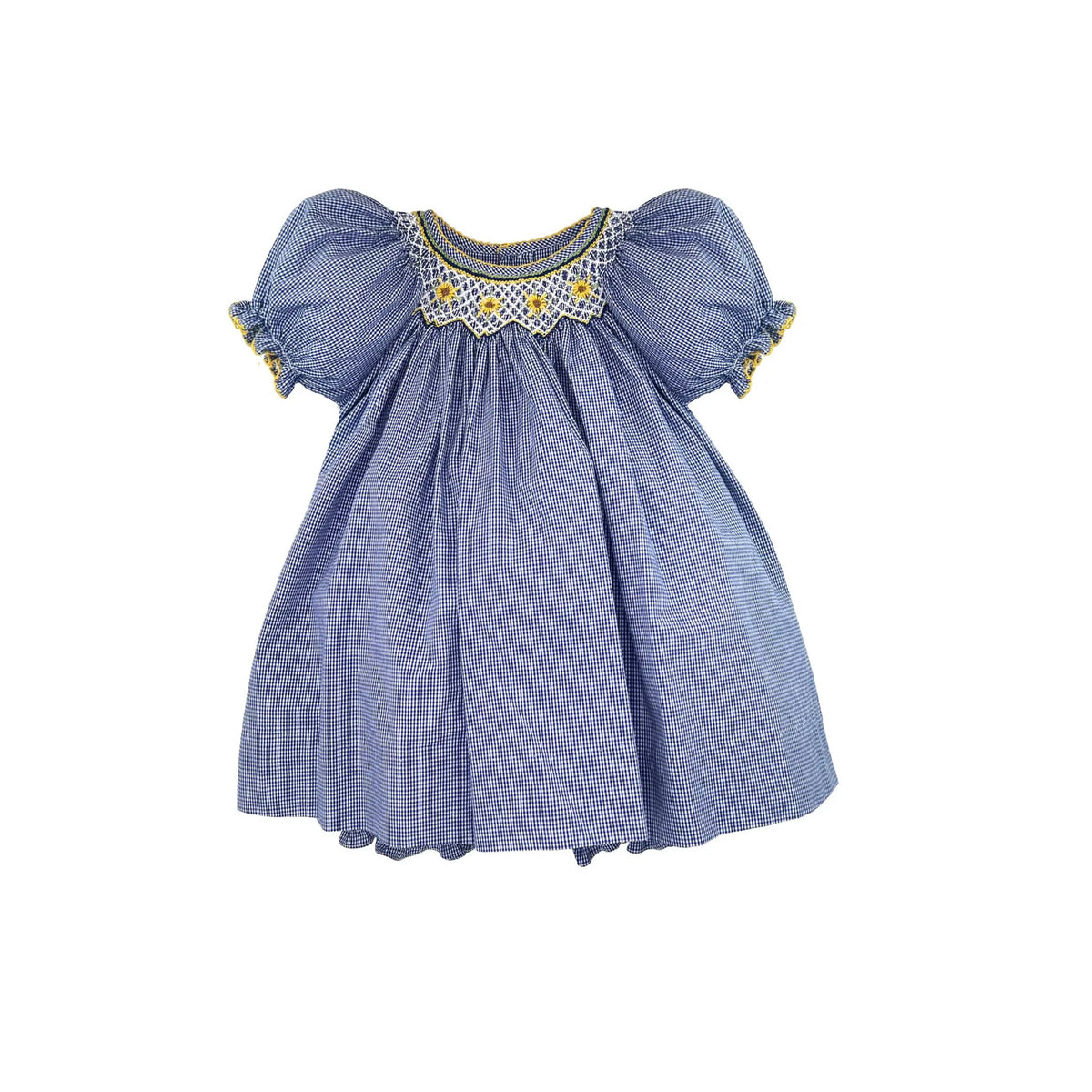 Sunflower Smocked Blue Check Baby Girls’ Dress &amp; Bloomers