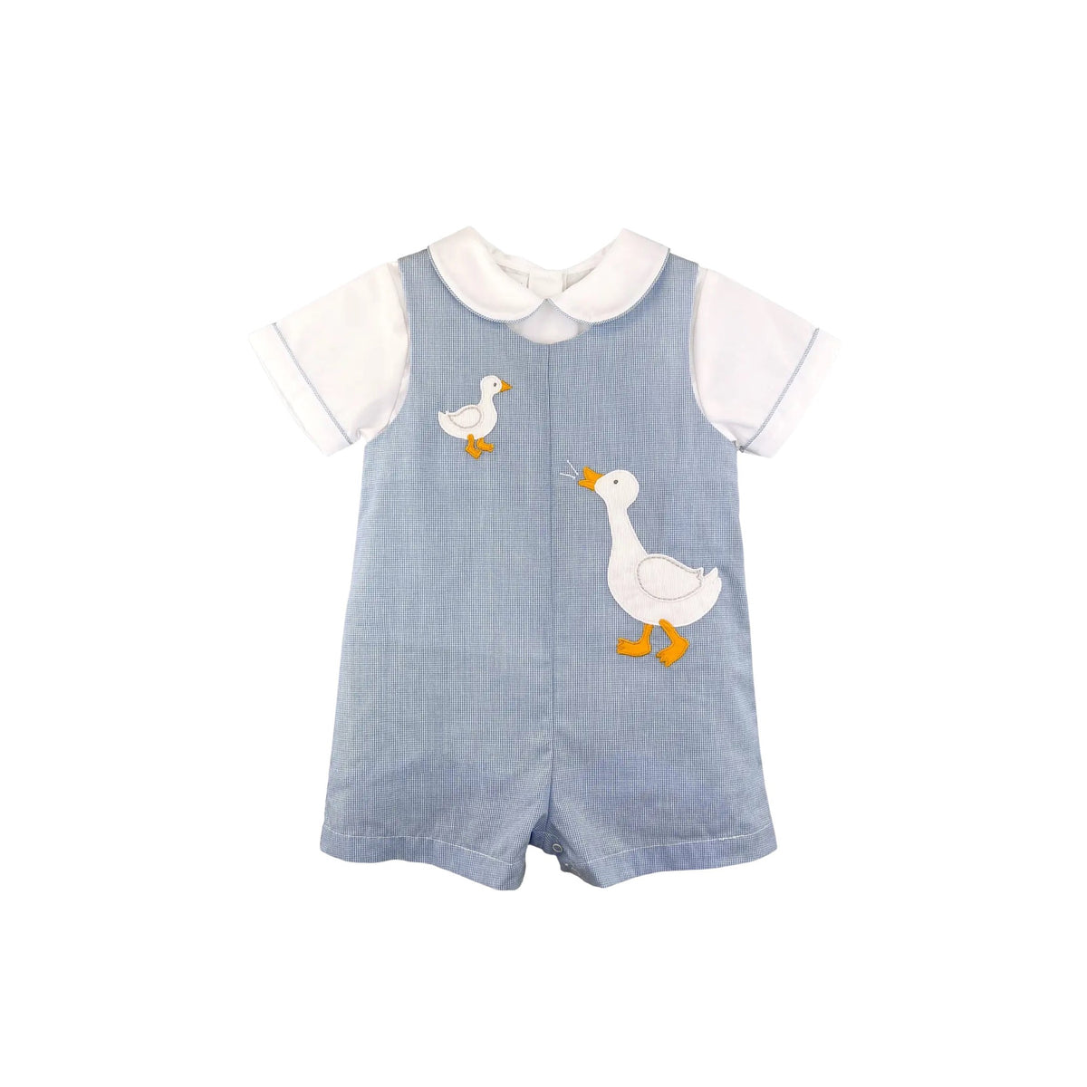 Goose Appliqué Blue Check Baby Boy Romper