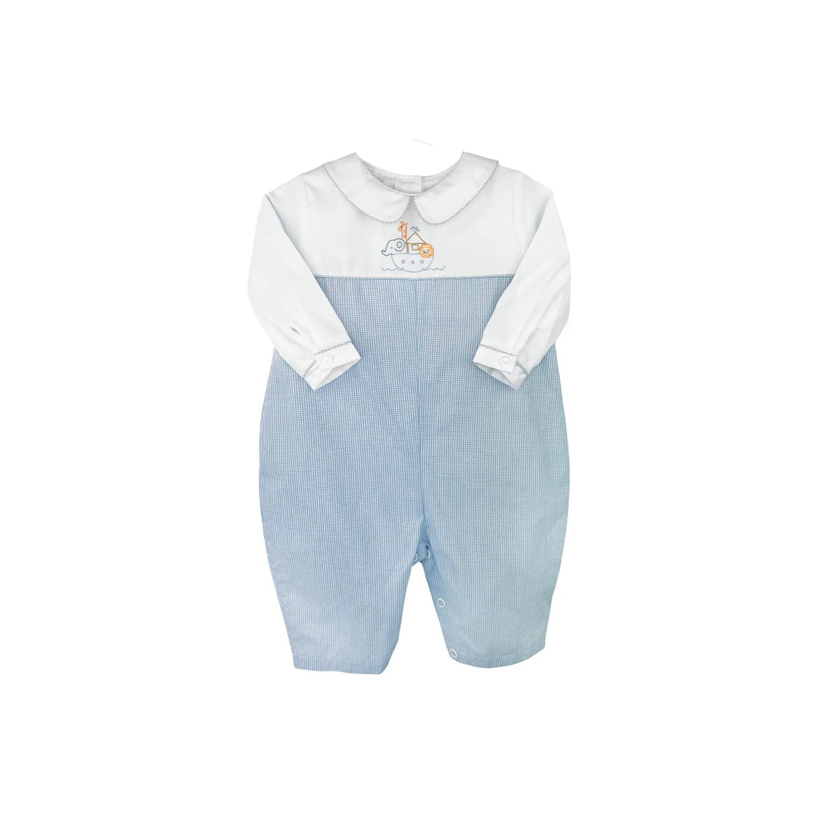 Embroidered Noah’s Ark Blue Check Baby Boys’ Romper