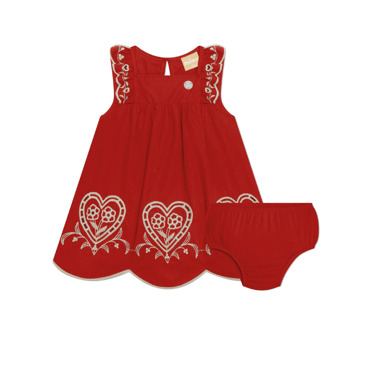 Baby Girl Red Embroidered Pinafore with Bloomers