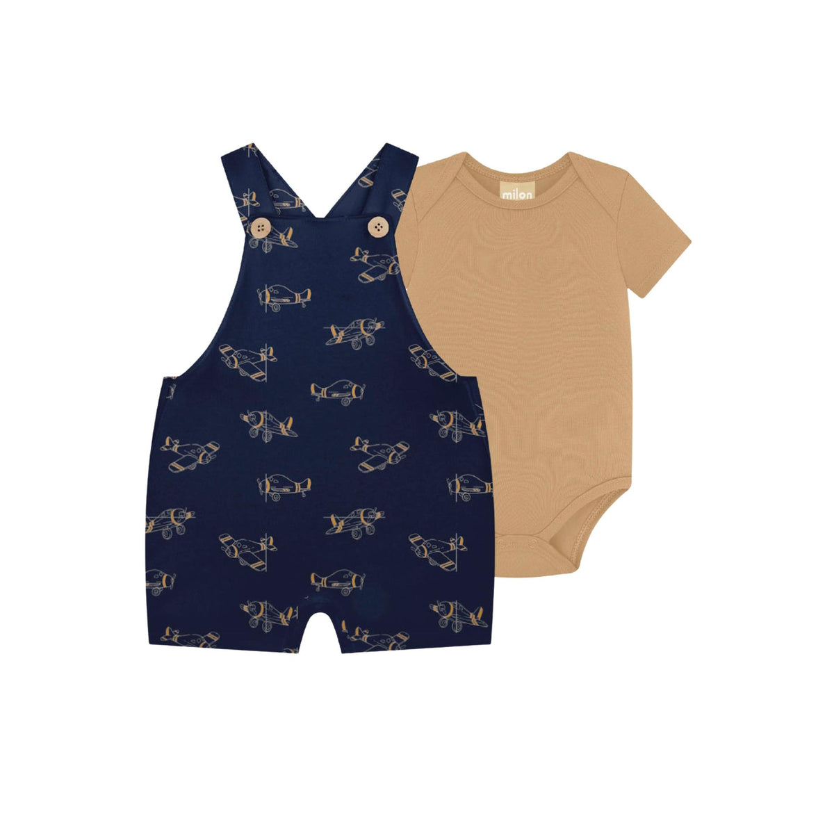 Baby Boy Navy Blue Airplane Print Overall and Bodysuit