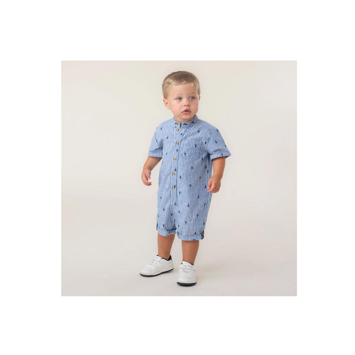 Striped Sailboat Print Poplin Baby Boy Romper