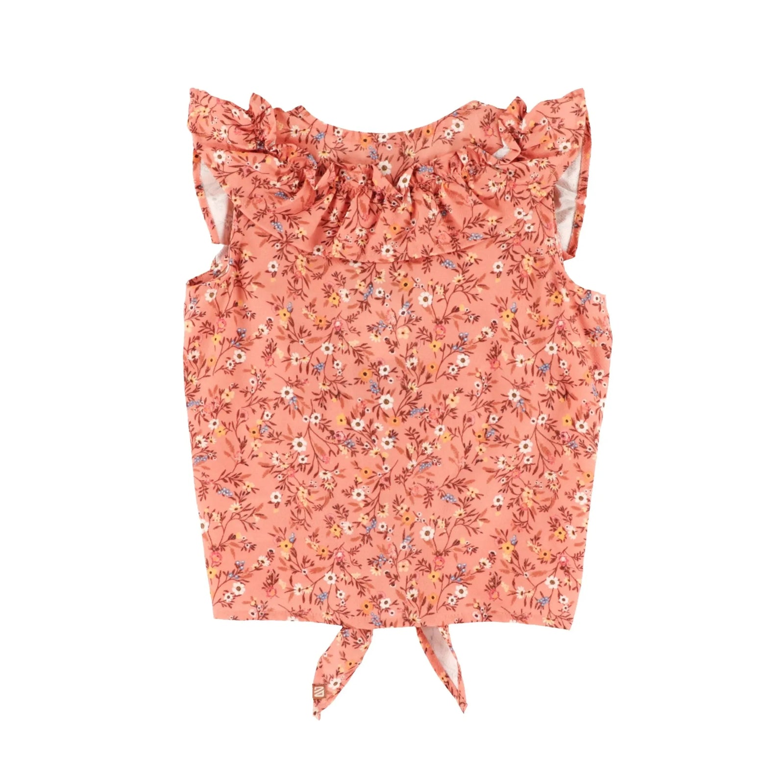 Girls’ Brown Floral Ruffle Front Tie Blouse