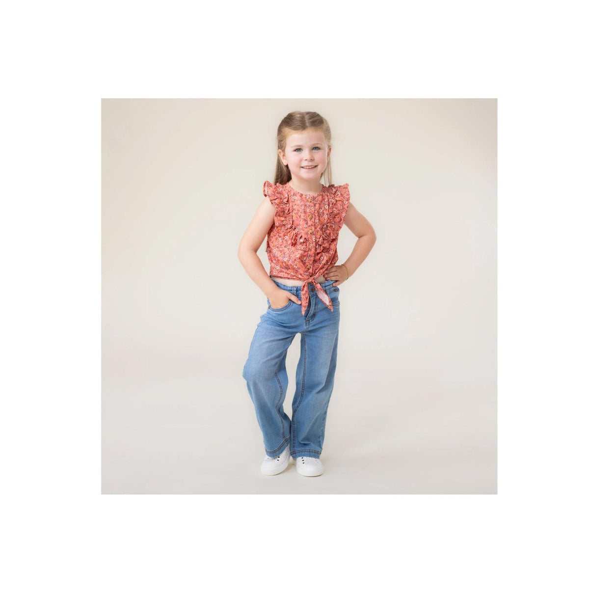 Girls’ Brown Floral Ruffle Front Tie Blouse