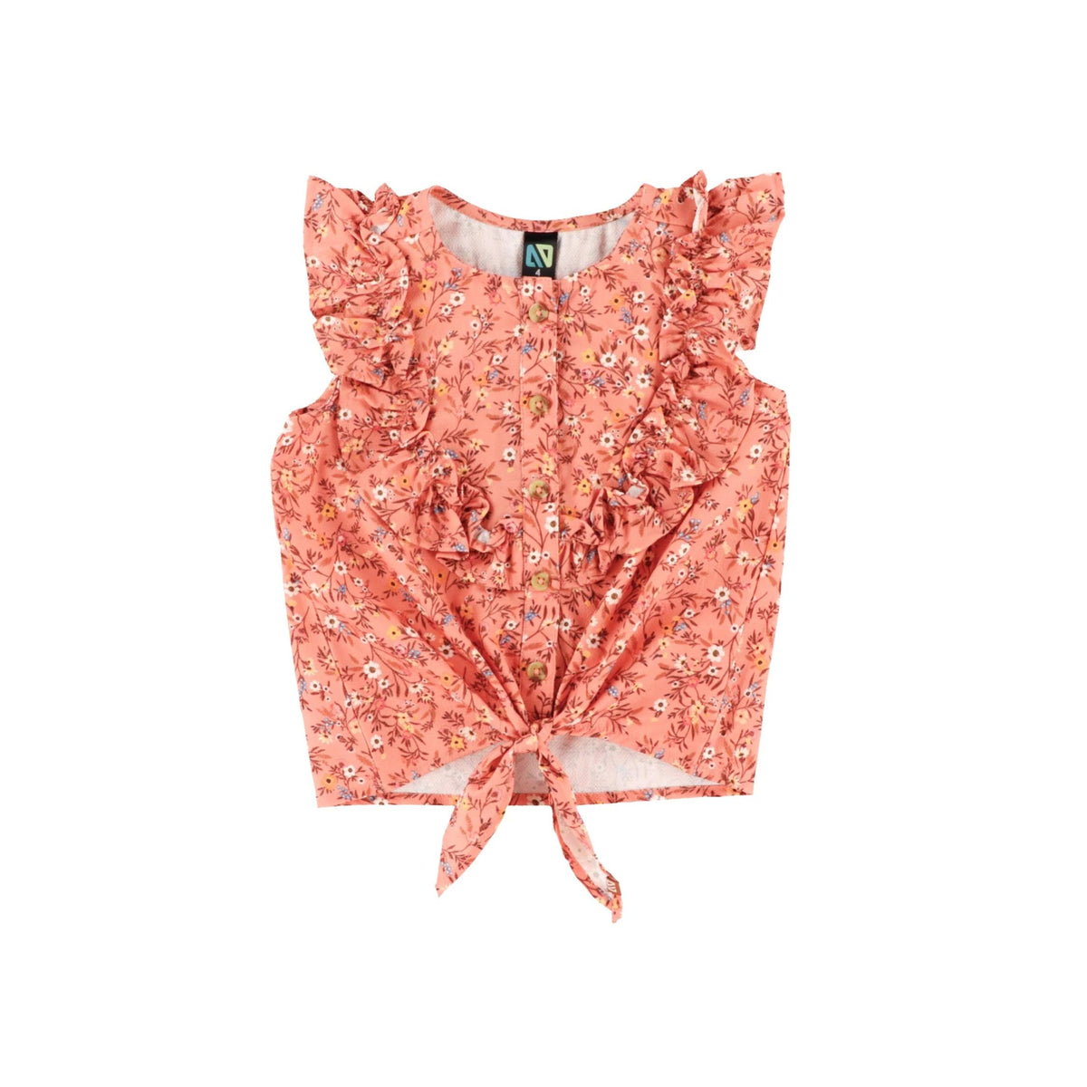 Girls’ Brown Floral Ruffle Front Tie Blouse