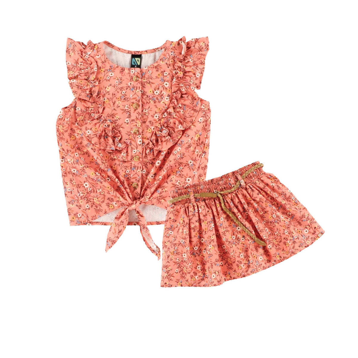 Girls’ Brown Floral Ruffle Front Tie Blouse