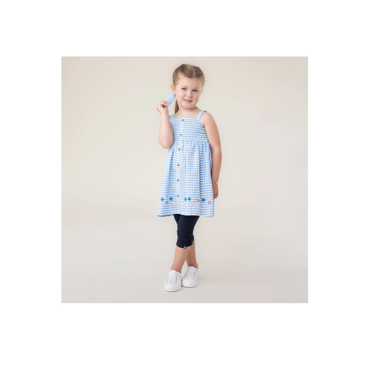 Girls’ Blue and White Gingham Embroidered Dress