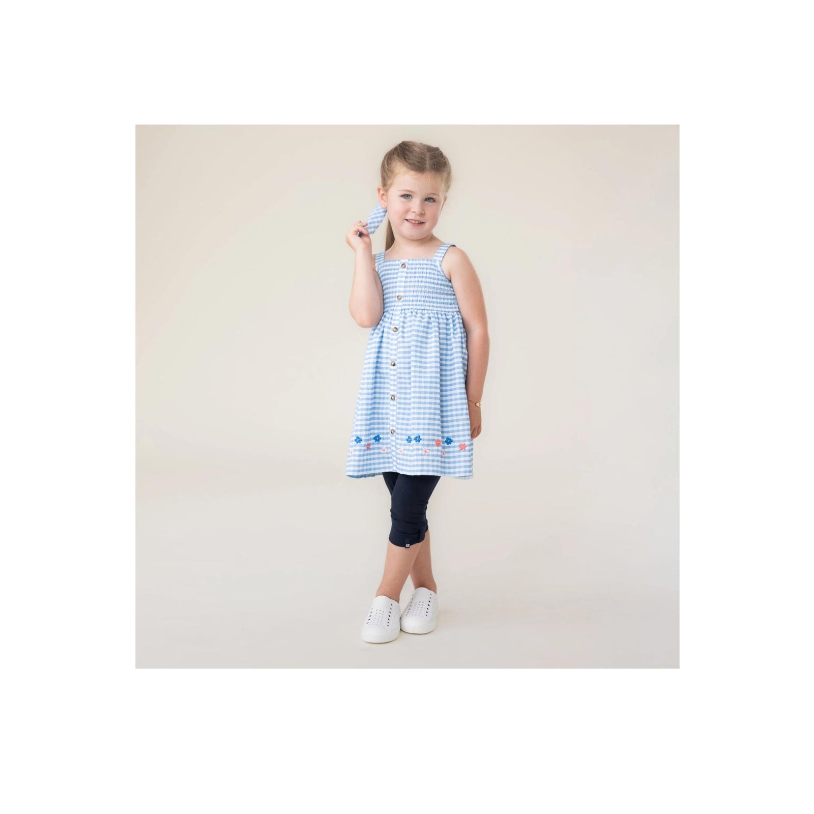 Girls’ Blue and White Gingham Embroidered Dress