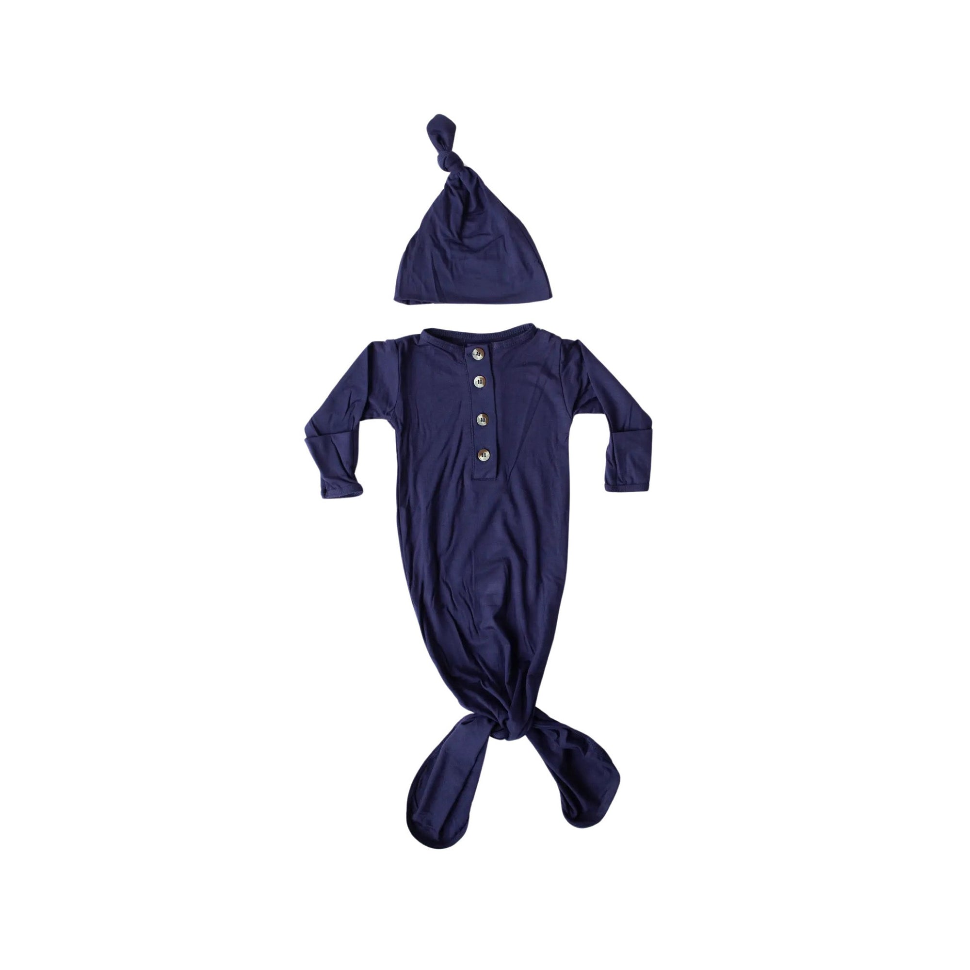 Navy Blue Knotted Newborn Gown & Hat Set