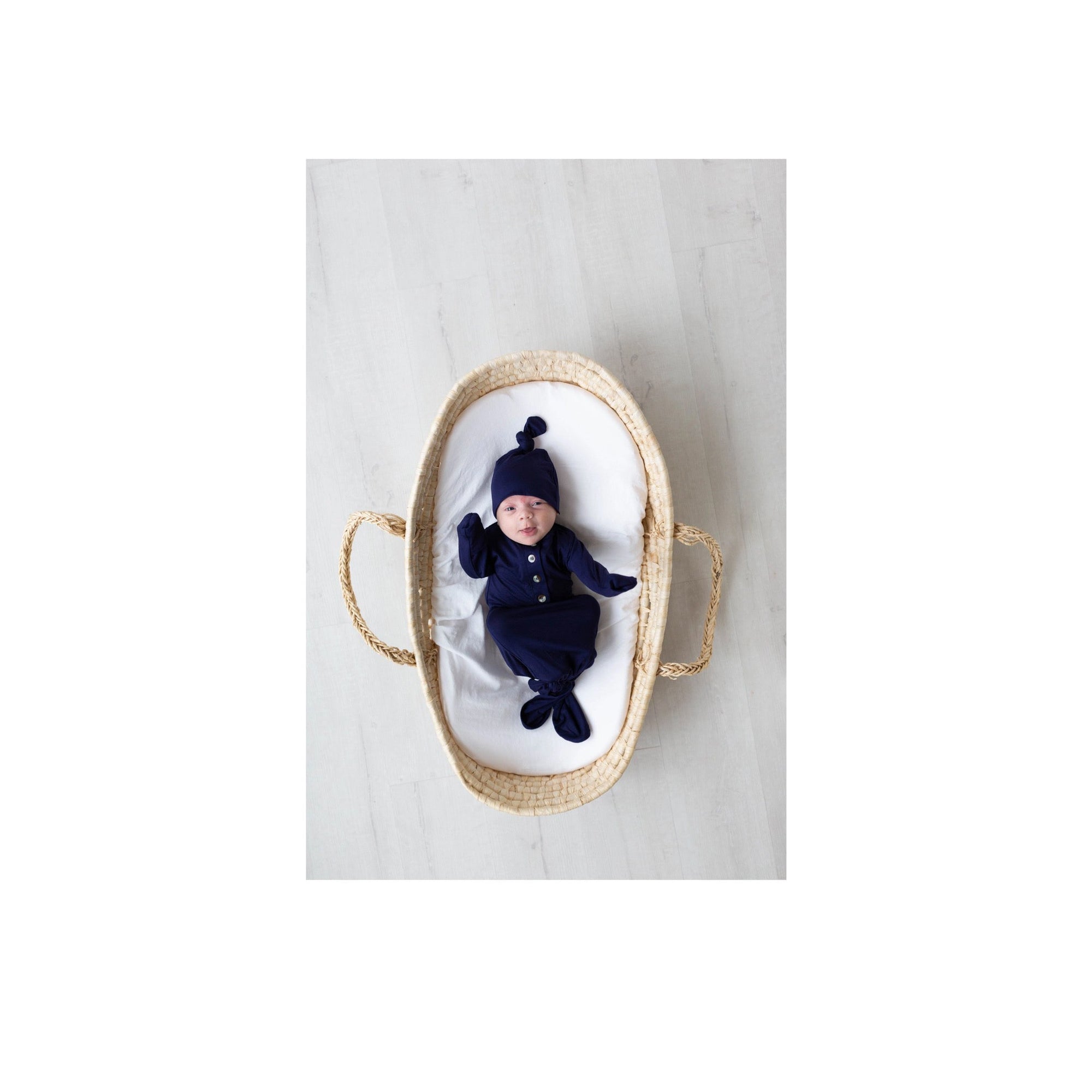Navy Blue Knotted Newborn Gown & Hat Set