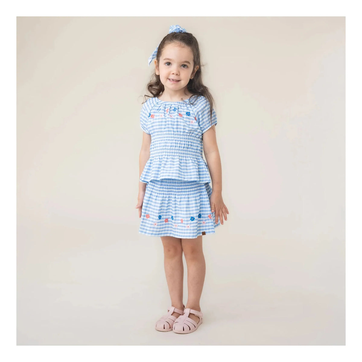 Girls’ Blue and White Gingham Embroidered Blouse