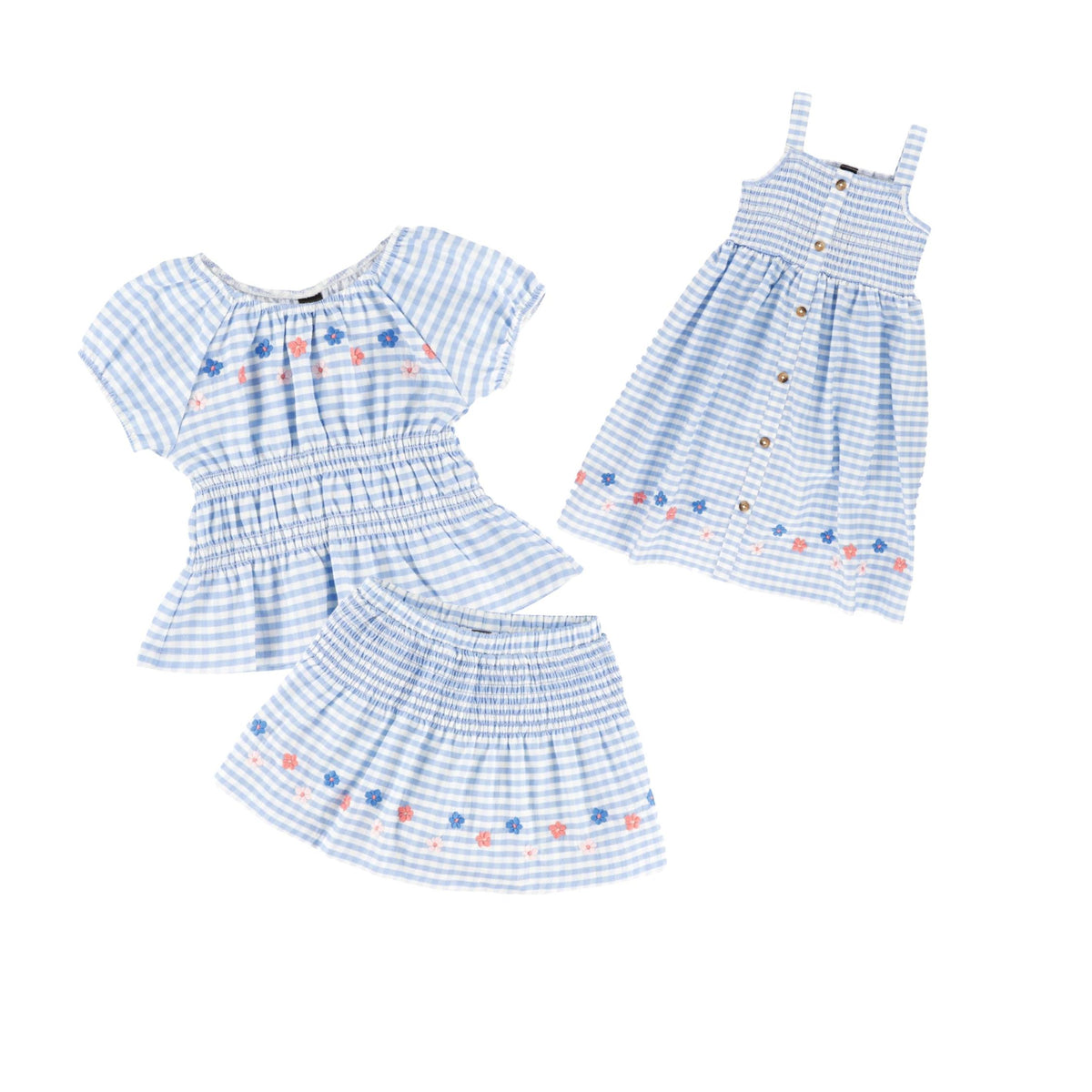 Girls’ Blue and White Gingham Embroidered Skort