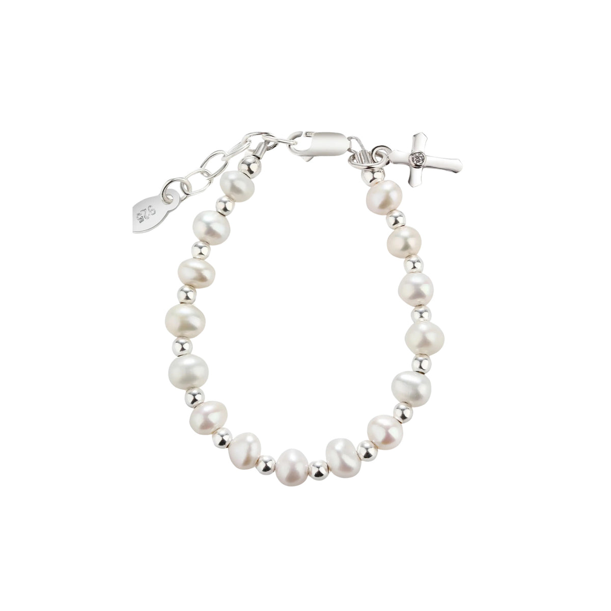 Pearl &amp; Silver with Cross Baby Baptism Bracelet