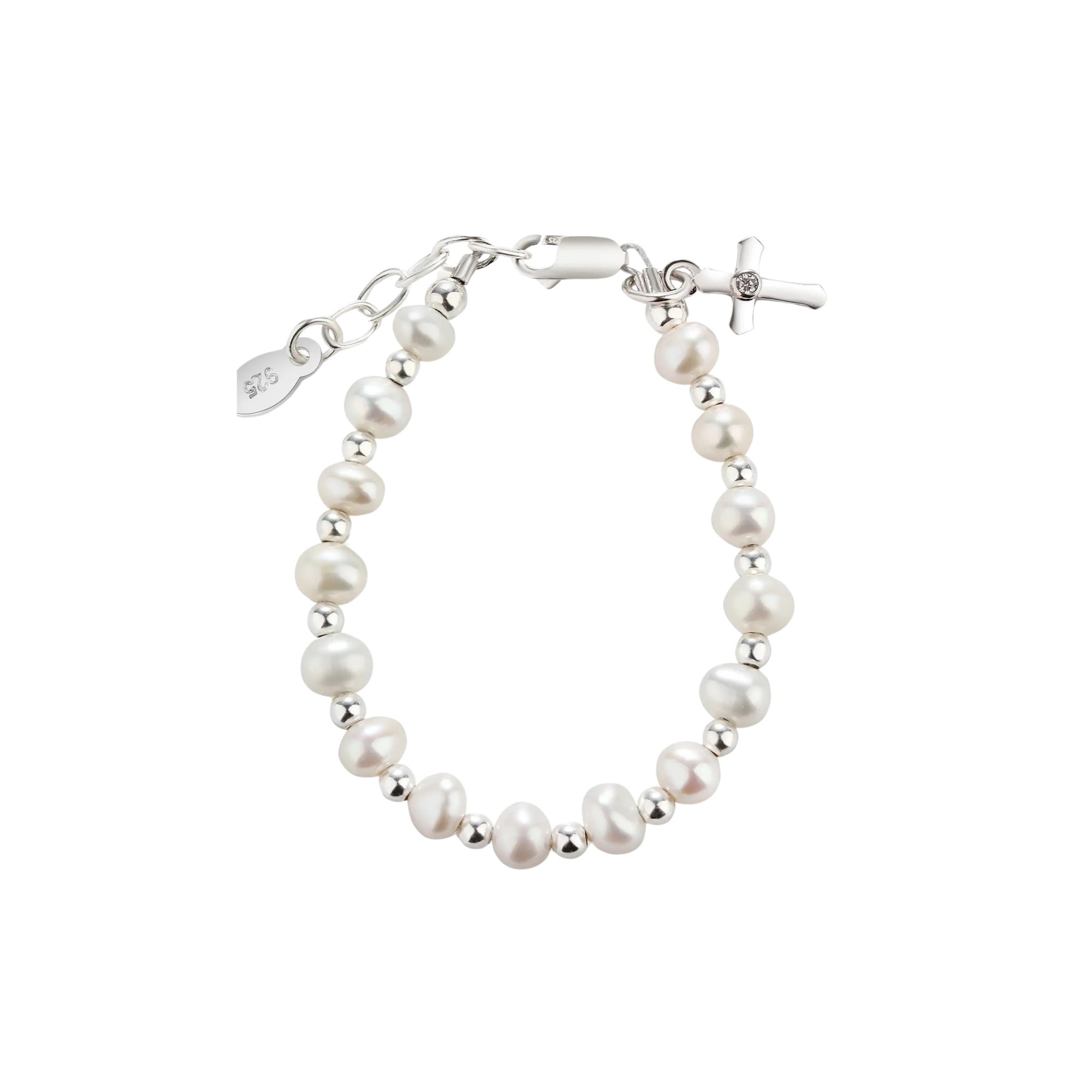 Pearl & Silver with Cross Baby Baptism Bracelet