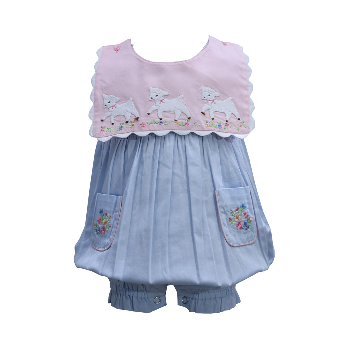 Baby Girl Reversible Collar Embroidered Lamb Romper