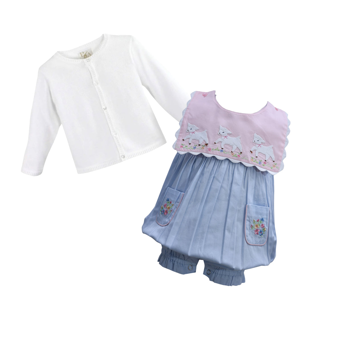 Baby Girl Reversible Collar Embroidered Lamb Romper