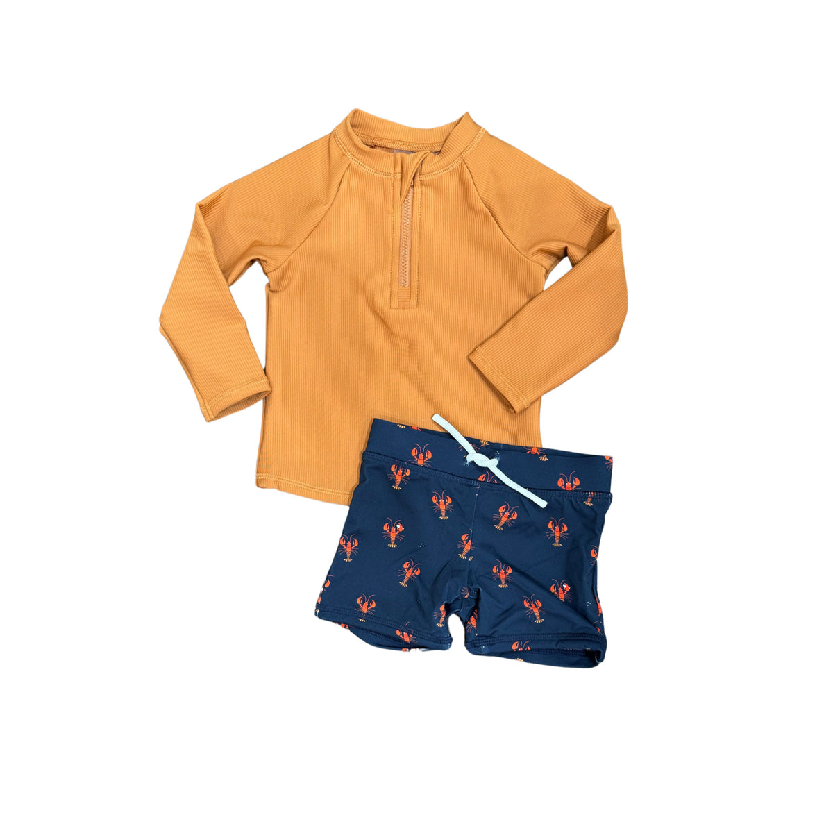 Ribbed Long-Sleeve Orange Rashguard &amp; Lobster Print Swim Short Set